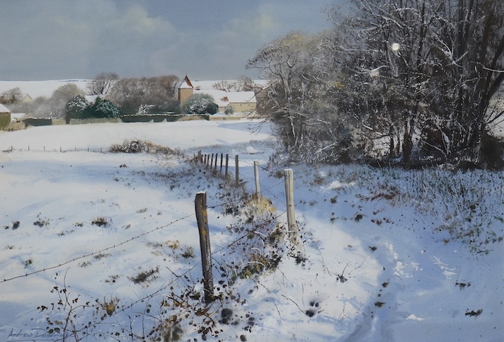 Andrew Dandridge (b.1953), gouache on paper, ‘Winter Footpath to Tarring Neville’, signed, 39 x 56cm. Condition - good